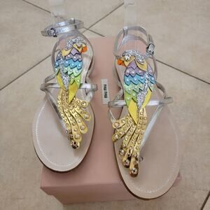 Miu Miu Crystal Parrot Metallic Sandals Silver Gold Embellished Flats 39.5 9.5
